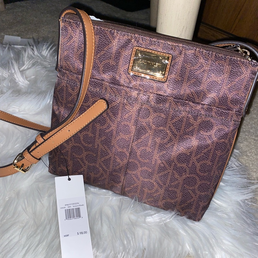 Calvin Klein Tan CK Monogrammed Lightweight Crossbody Shoulder Bag